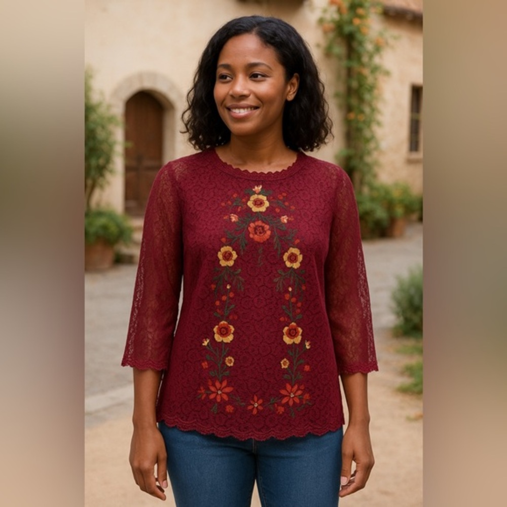 Burgundy Allover Lace Boho Embroidered Detail Top/Tunic GUC L #1500